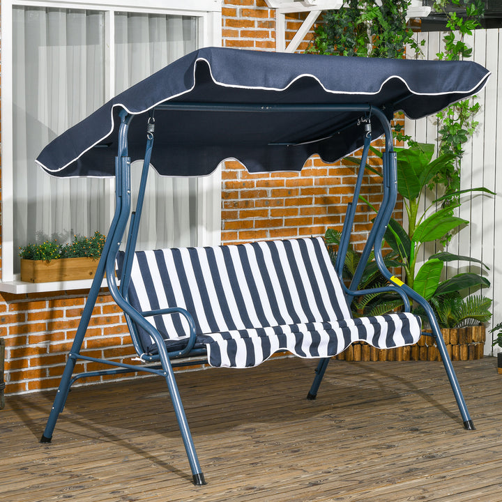 3 Seater Garden Swing Chair_ Outdoor Garden Bench with Adjustable Sun Cover and Metal Frame - Blue Stripes
