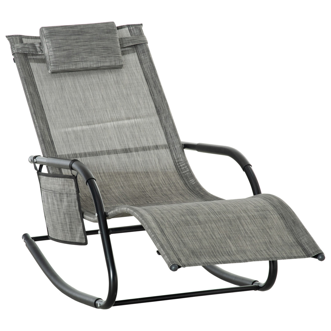 Breathable Mesh Rocking Chair Patio Rocker Lounge for Indoor & Outdoor Recliner Seat w/ Removable Headrest for Garden and Patio Dark Grey