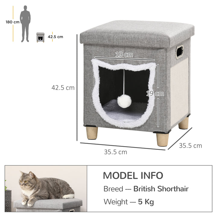 2 in 1 Cat Bed Ottoman, Comfortable Cat Sleeping Cave House w/ Removable Cushion, Scratching Pad, Handles, Anti-Slip Foot Pad, Toy Ball Grey