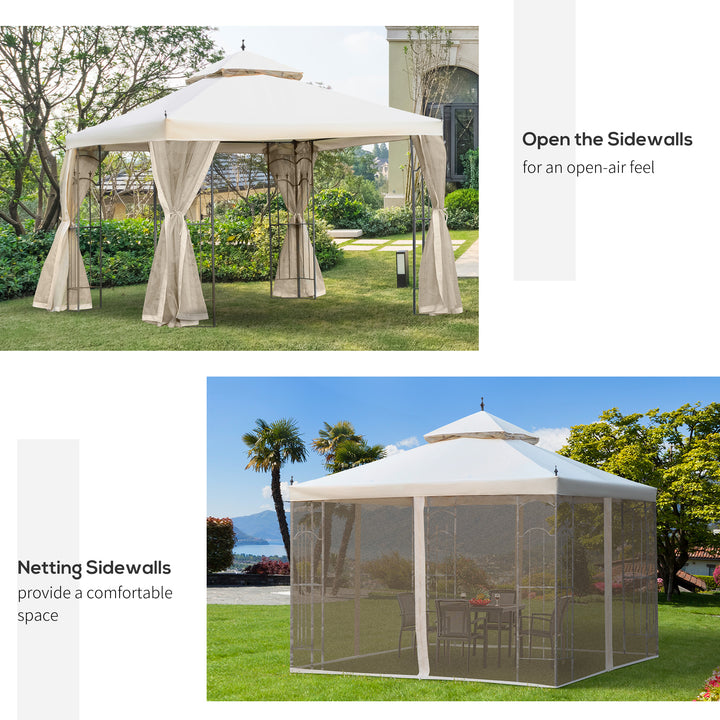 300x300cm Garden Gazebo Double Top Outdoor Canopy Patio Event Party Tent Backyard Sun Shade with Mesh Curtain Beige