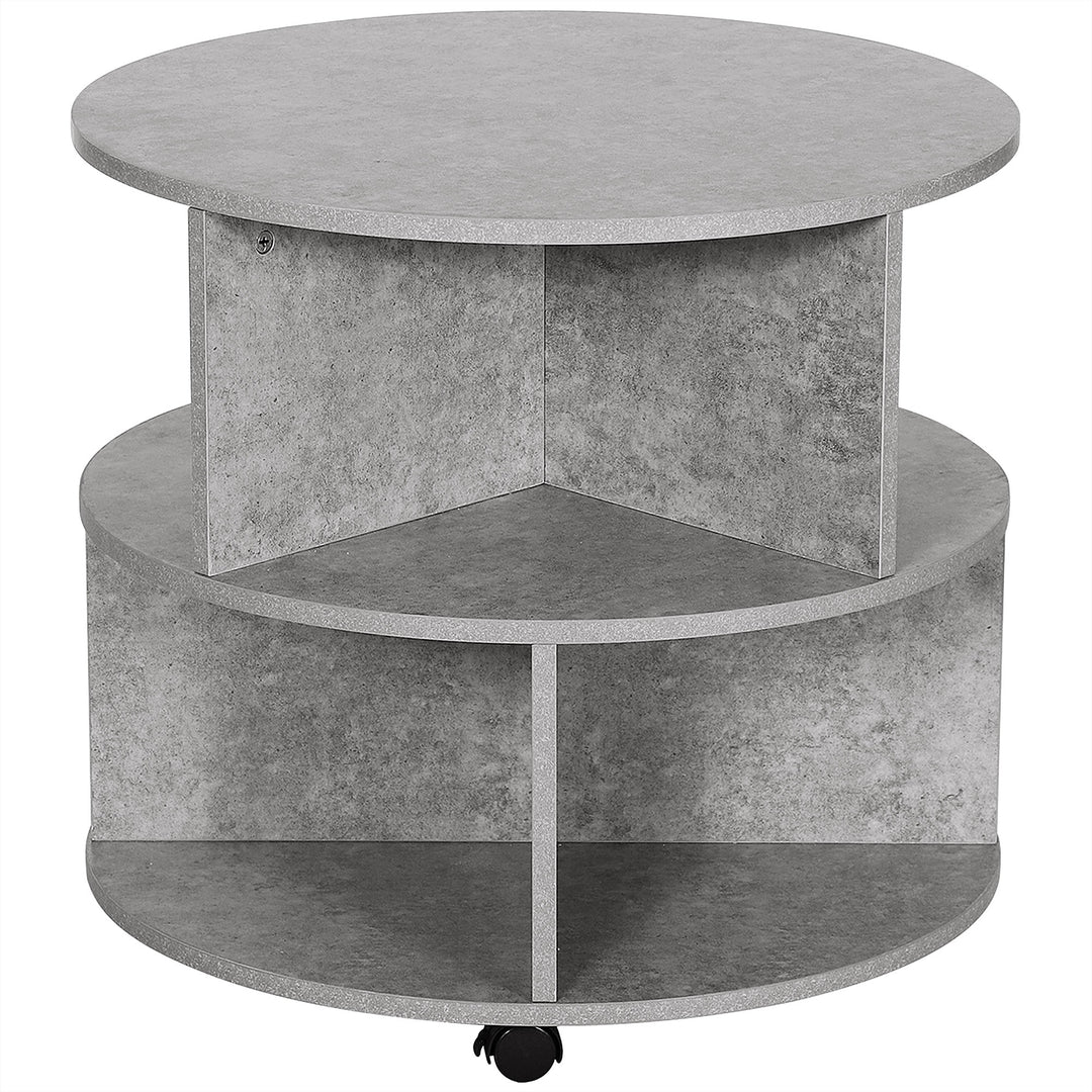 2 Tier Round Side End Table Coffee Desk with Divided Shelves Tea Table Storage Unit Living Room Organiser with Wheels - Cement colour