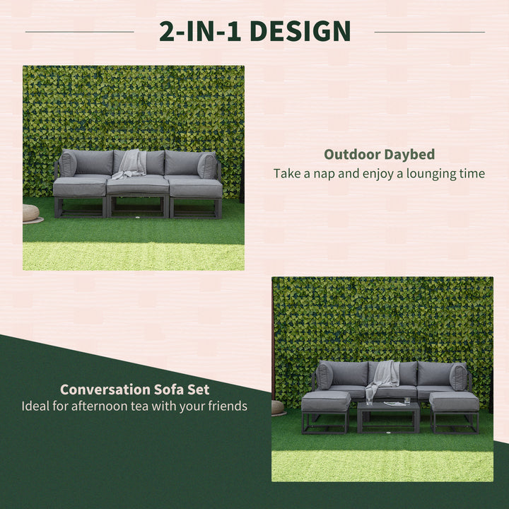 Garden Daybed, 6 Piece Outdoor Sectional Sofa Set, Aluminum Patio Conversation Furniture Set with Coffee Table, Footstool and Cushions, Grey