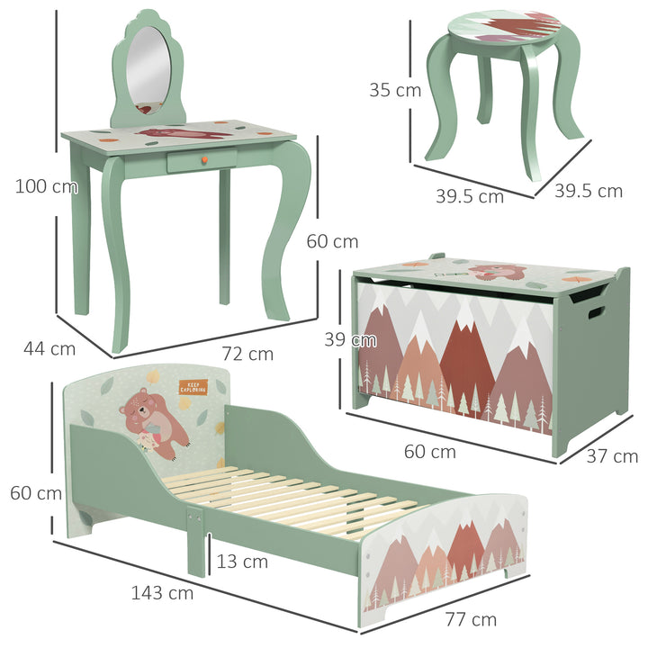 Kids Bedroom Furniture Set Includes Bed Frame, Table with Mirror &amp; Stool for Ages 3-6 Years - Green