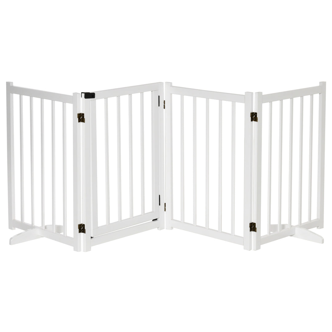 PawHut Pet Gate for Small and Medium Dogs, Freestanding Wooden Foldable Dog Safety Barrier with 4 Panels, 2 Support Feet for Doorways,Stairs,White