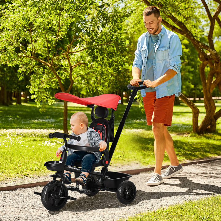 4 in 1 Baby Tricycle Toddler Stroller Foldable Pedal Tricycle w/ Reversible Angle Adjustable Seat Removable Handle Canopy Handrail Belt-Red
