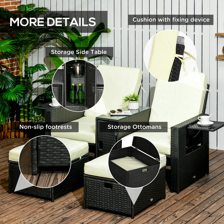 5PC PE Rattan Sun Lounger, Outdoor Wicker 5-level Adjustable Recliner Sofa Bed with Storage Side Table, Footstools, for Patio, Garden, Black