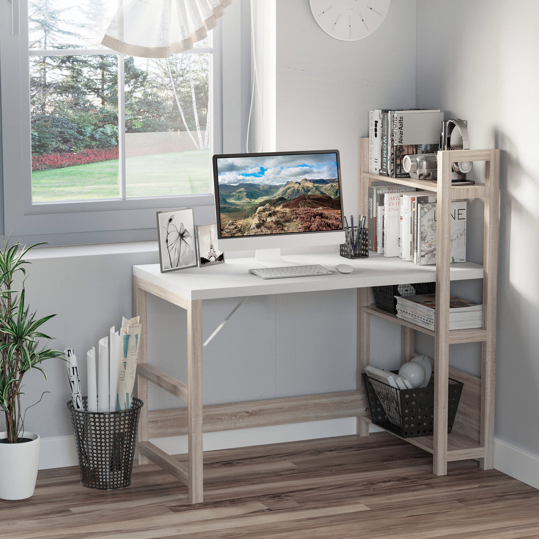 Computer Desk with shelves Office Desk Workstation，Writing Desk Computer PC Laptop Table Workstation, White Wood Grain