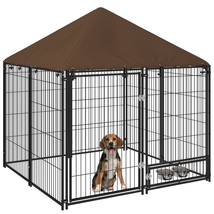 PawHut Outdoor Dog House Kennel with Water-resistant Roof Lockable Mesh Metal Cage Steel Fence, 141 x 141 x 121 cm