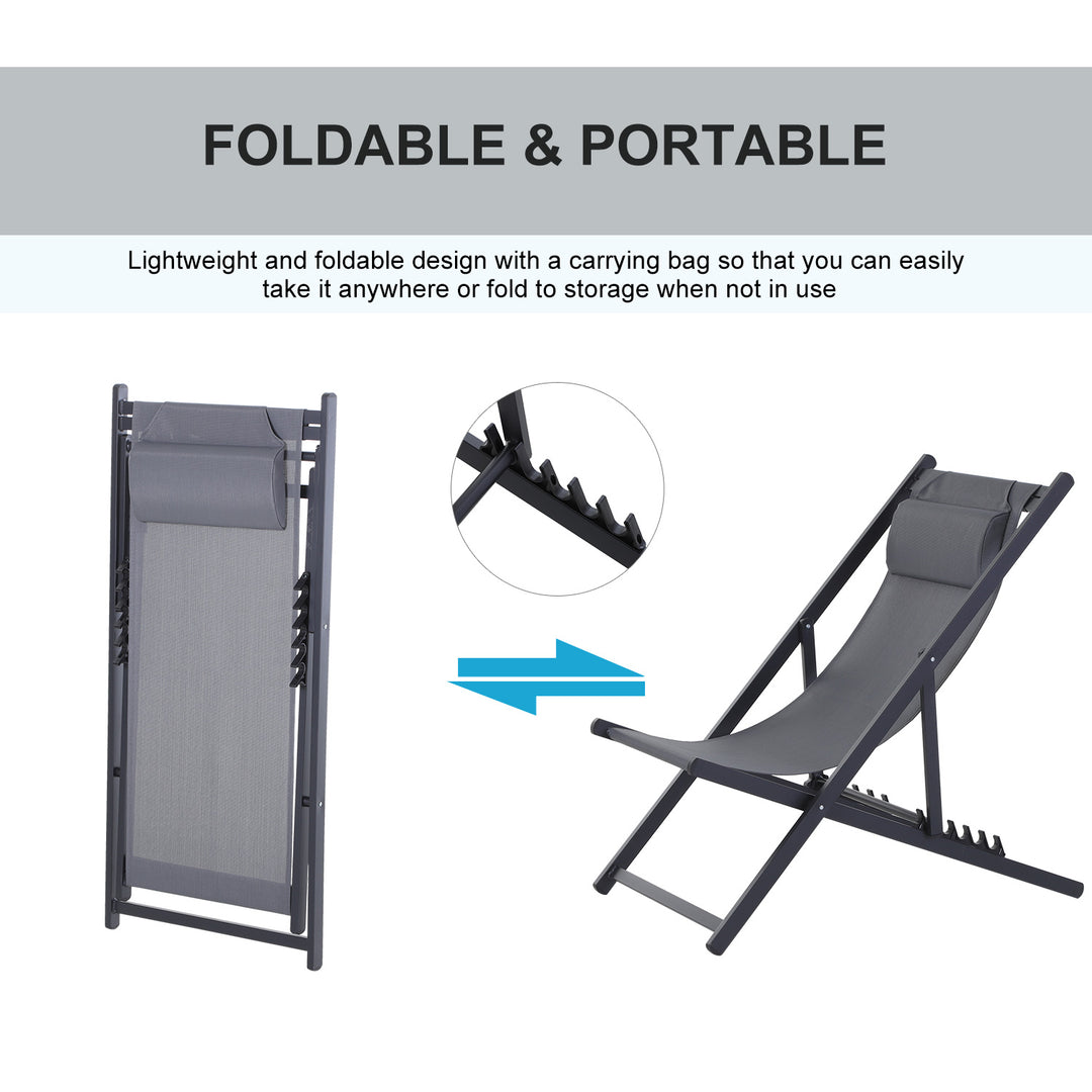 Set of 2 Folding Garden Beach Deck Chairs Deckchairs Seaside Folding Garden Patio Lounger, Grey