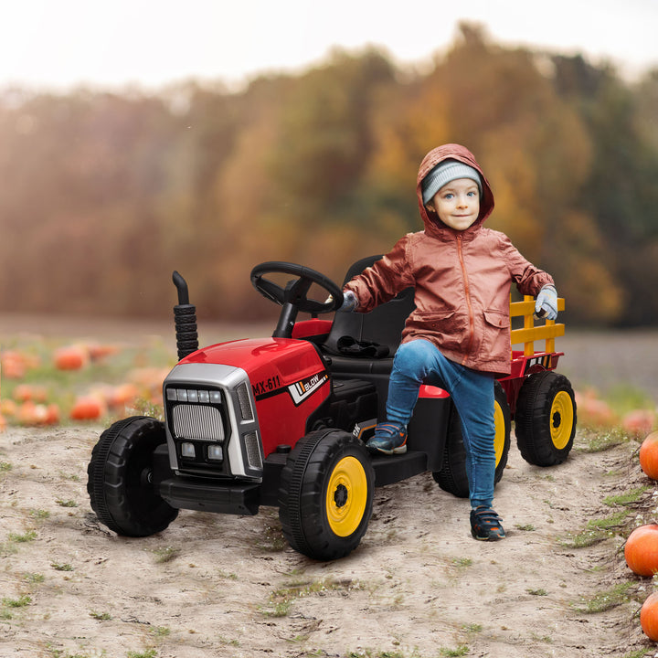 Electric Ride on Tractor with Detachable Trailer, 12V Kids Battery Powered Electric Car with Remote Control, Music Start up Sound and Horn, Lights, for Ages 3-6 Years - Red