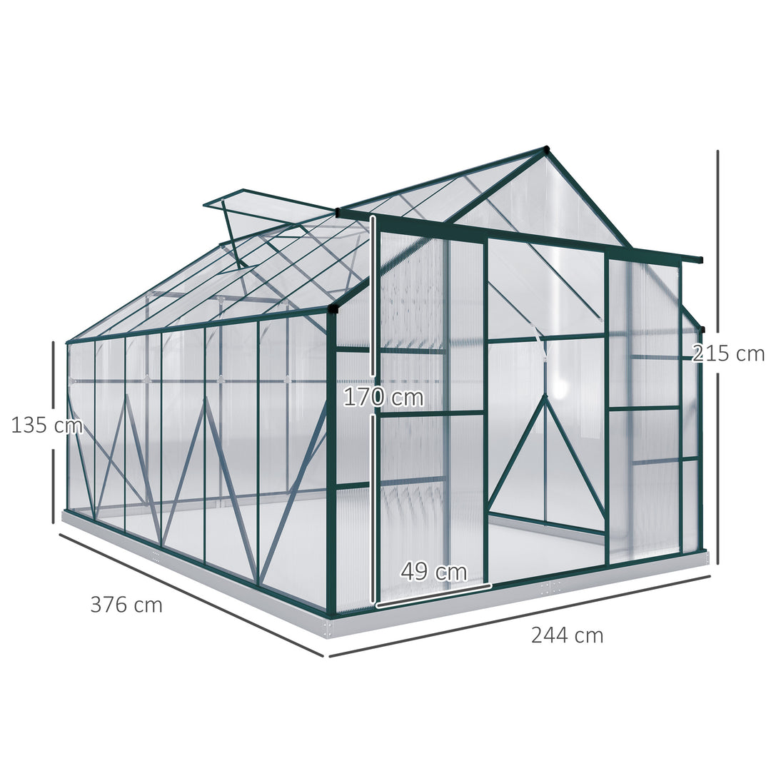 Aluminium Greenhouse Polycarbonate Walk-in Garden Greenhouse Kit with Adjustable Roof Vent, Rain Gutter and Foundation, 8 x 12ft, Clear