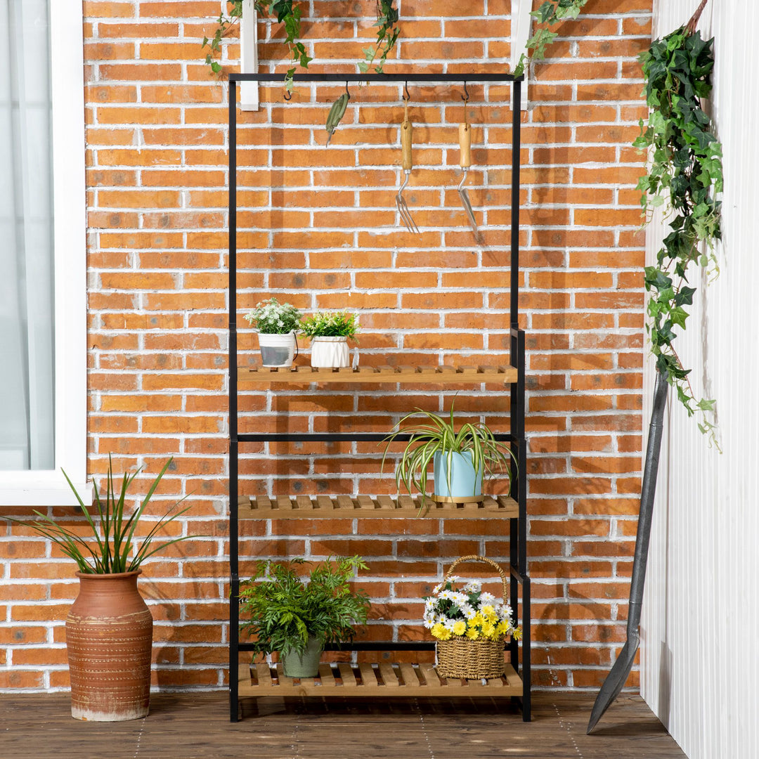 3 Tiered Plant Stand with Hanging Hooks, Flower Rack Shelf for Indoor Outdoor Porch Balcony Living Room Bedroom