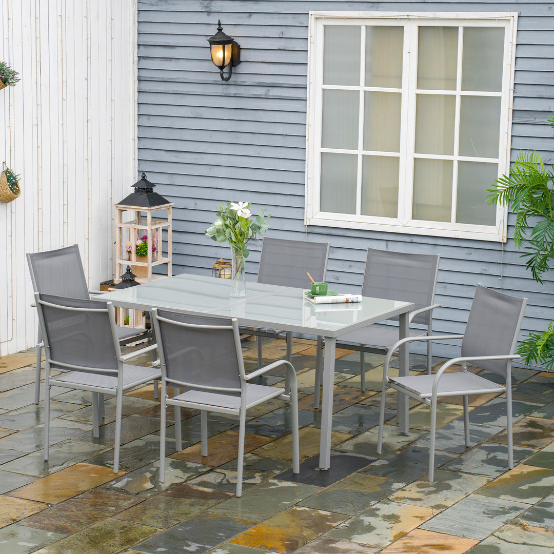 7 Piece Garden Dining Set, Outdoor Table and 6 Stackable Chairs, Steel Frame, Tempered Glass Top Table, Mesh Seats, Grey