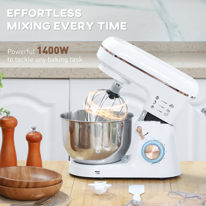 Stand Mixer, 5L Food Mixer for Baking, 6 Speeds and Pulse Setting, 1400W Cake Electric Kitchen Mixer with Dough Hook, Whisk, Stainless Steel Bowl