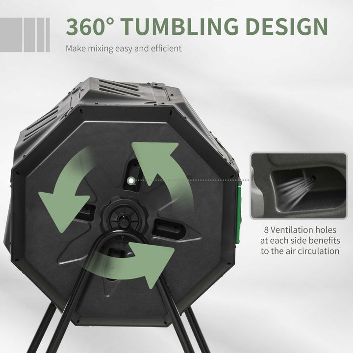 160L Tumbling Compost Bin Outdoor Dual Chamber 360° Rotating Composter w/ Sliding Doors & Solid Steel Frame, Black