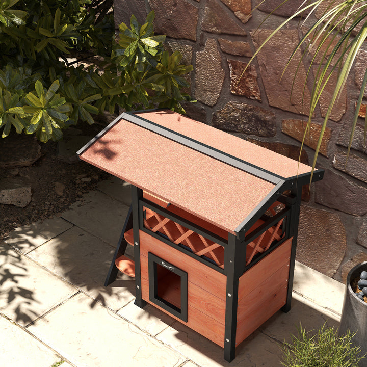 Cat House Outdoor w/ Balcony Stairs Roof, 77 x 50 x 73 cm, Brown