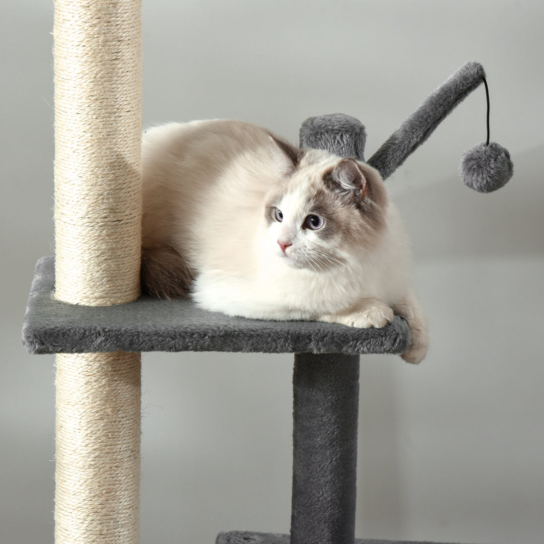 PawHut 280cm Huge Cat Tower Activity Center Floor-to-Ceiling Cat Climbing Toy with Scratching Post Board Hammock Hanging Ball Rest Light Grey