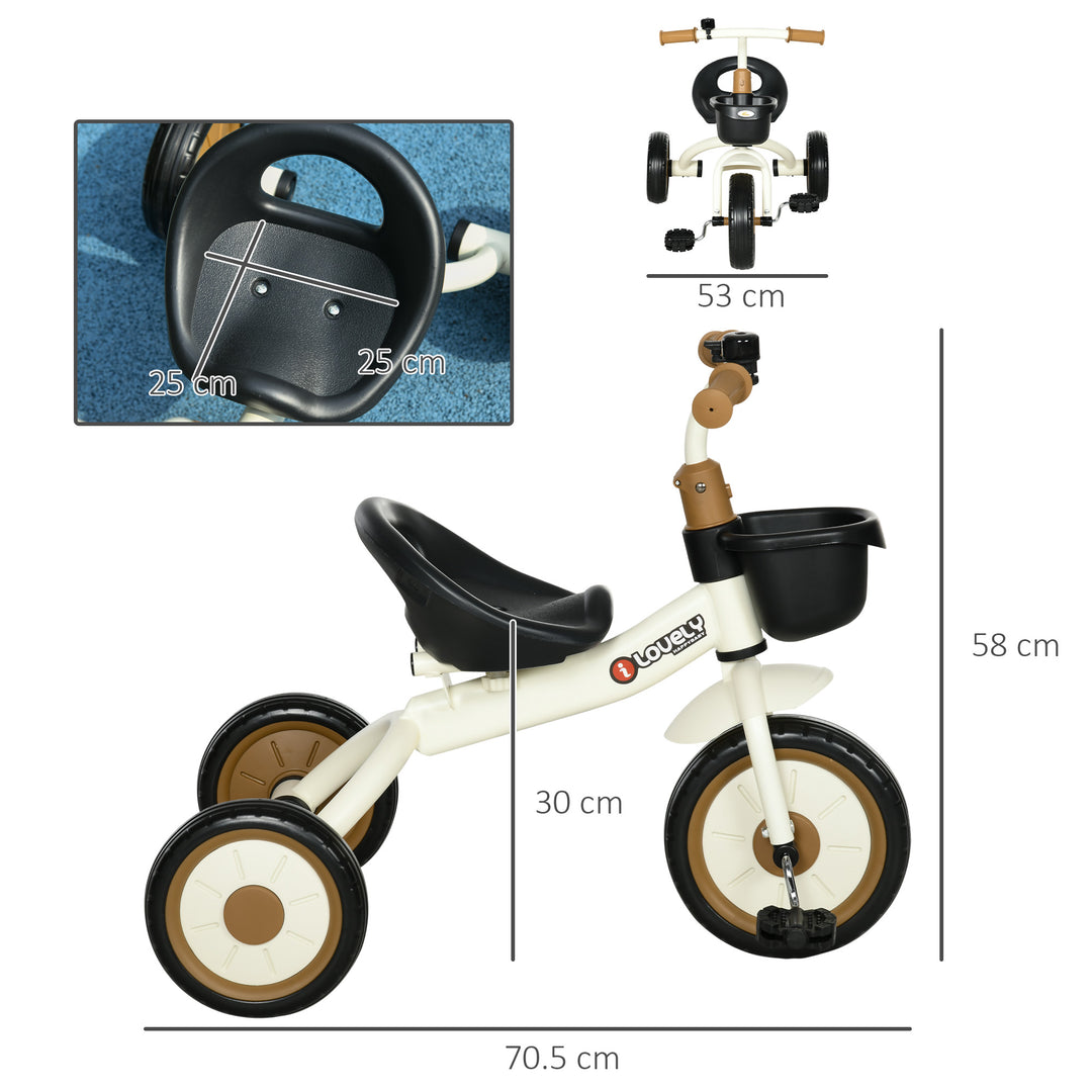 Kids Trike, Tricycle, with Adjustable Seat, Basket, Bell, for Ages 2-5 Years - White