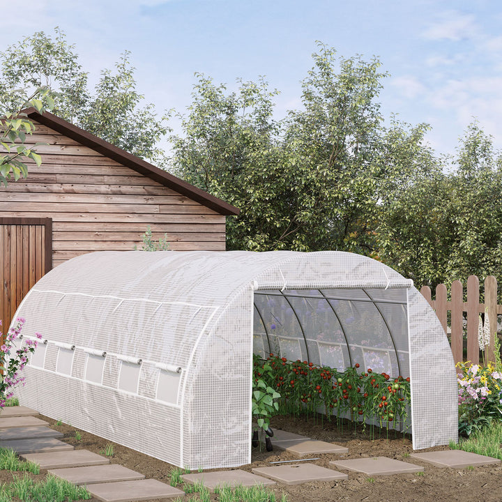 Outsunny 6 x 3 x 2 m Polytunnel Greenhouse, Walk in Pollytunnel Tent with Steel Frame, Reinforced Cover, Zippered Door and 8 Windows for Garden White