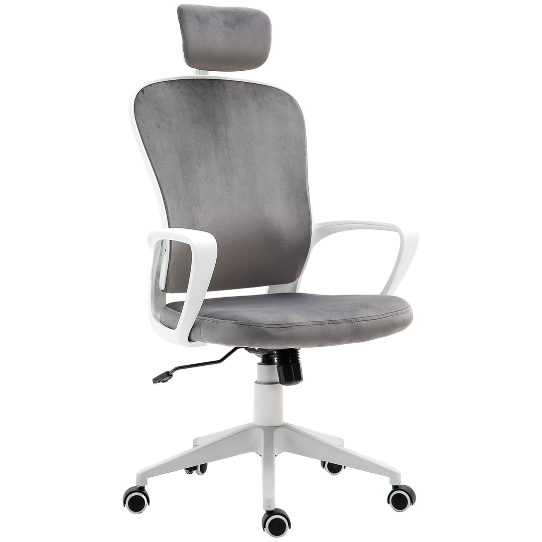 Vinsetto High-Back Swivel Chair Velvet Style Fabric Computer Home Rocking with Wheels, Rotatable Liftable Headrest, Grey