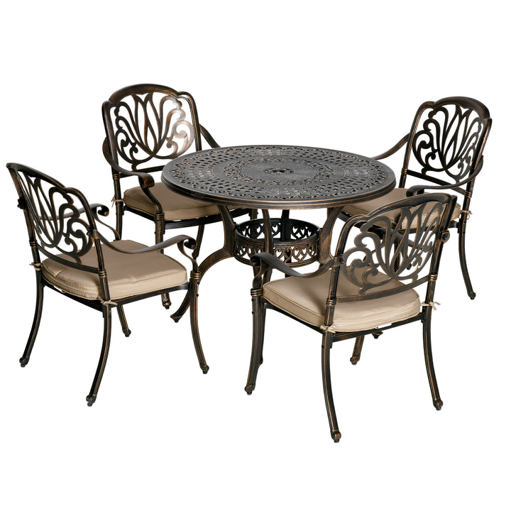 4 Seater Outdoor Dining Set Antique Cast Aluminium Garden Furniture Set with Cushions Round Dining Table with Parasol Hole, Bronze