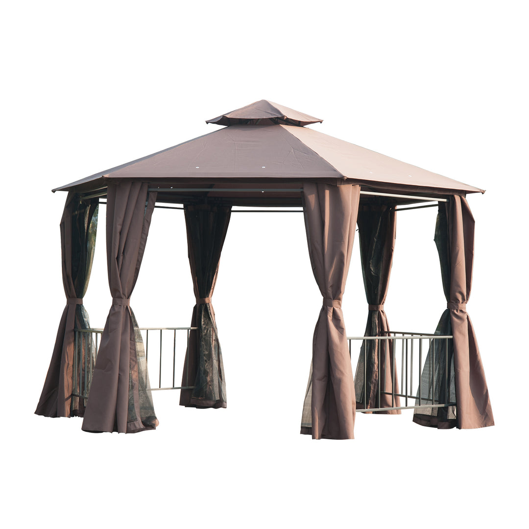 Hexagon Gazebo Patio Canopy Party Tent Outdoor Garden Shelter w/ 2 Tier Roof & Side Panel - Brown