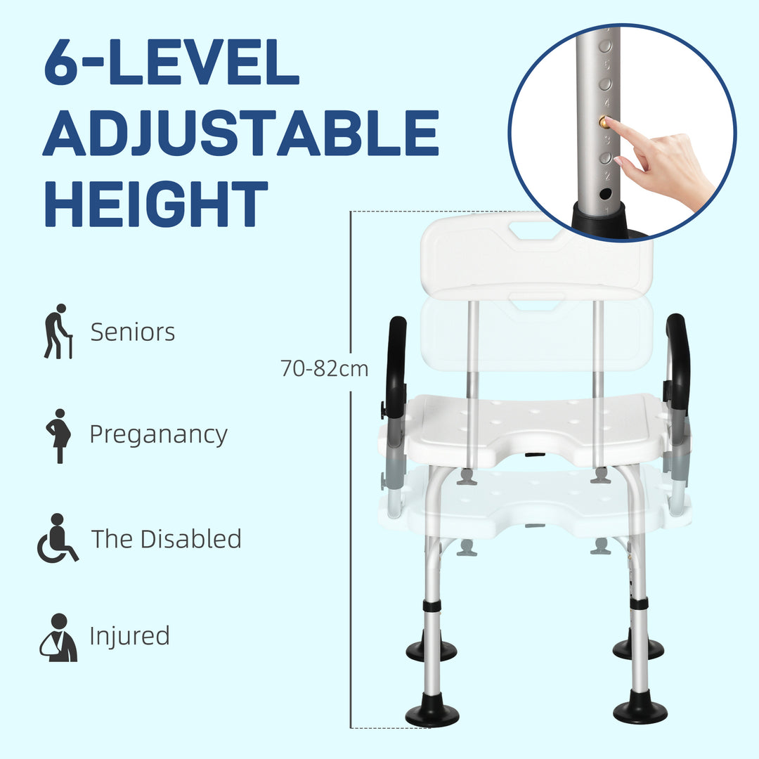 Shower Chair for the Elderly and Disabled, Height Adjustable Shower Stool with Back and Flipped Padded Arms, Suction Foot Pads, White