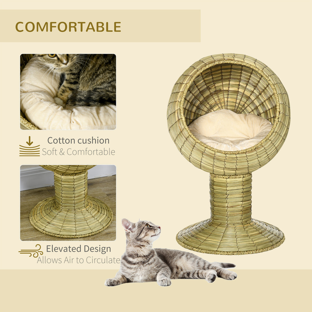 Raised Cat House, Natural Mat Grass Cat Bed, Kitten Cave with Stand Cushion, Detachable Top, Round, Yellow, Φ41x 71,5 cm