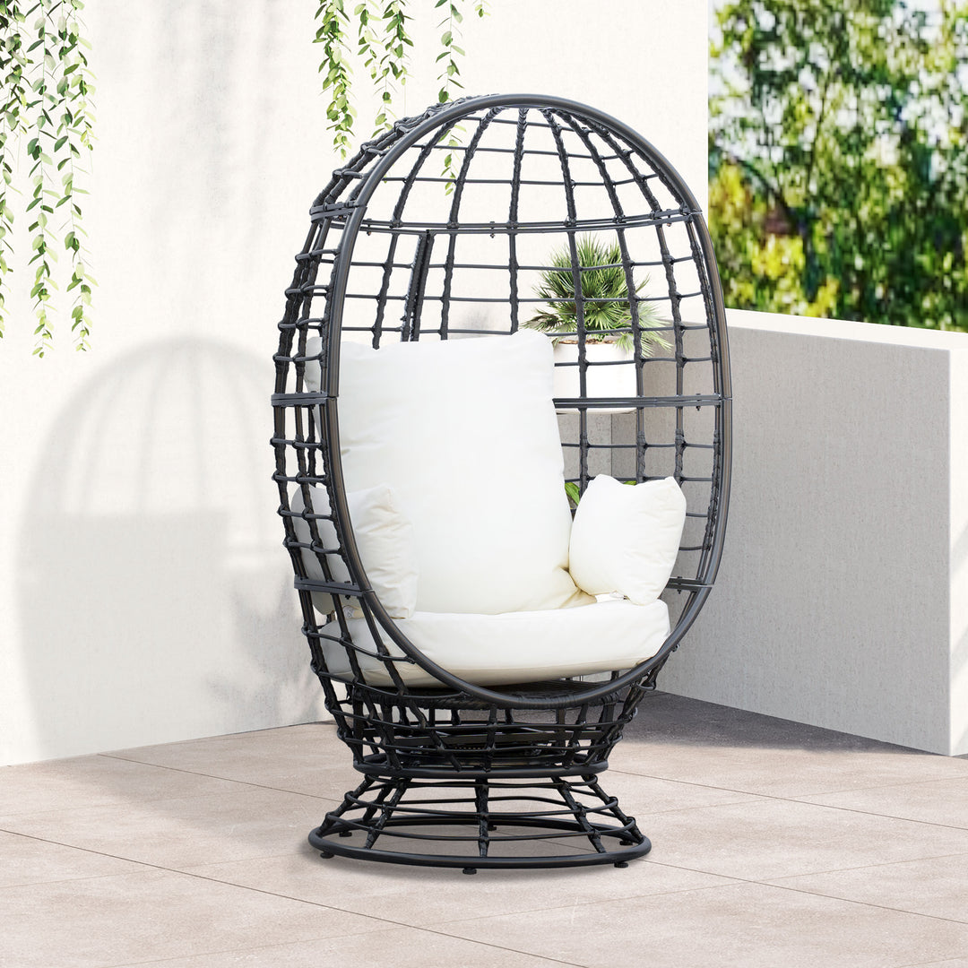 Swivel Egg Chair, Rattan Outdoor Chair with Cushion and Pillow for Balcony, Garden, Patio, Black