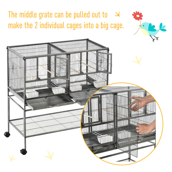 Double Rolling Metal Bird Cage Parrot Cage with Removable Metal Tray, Storage Shelf with Food Container