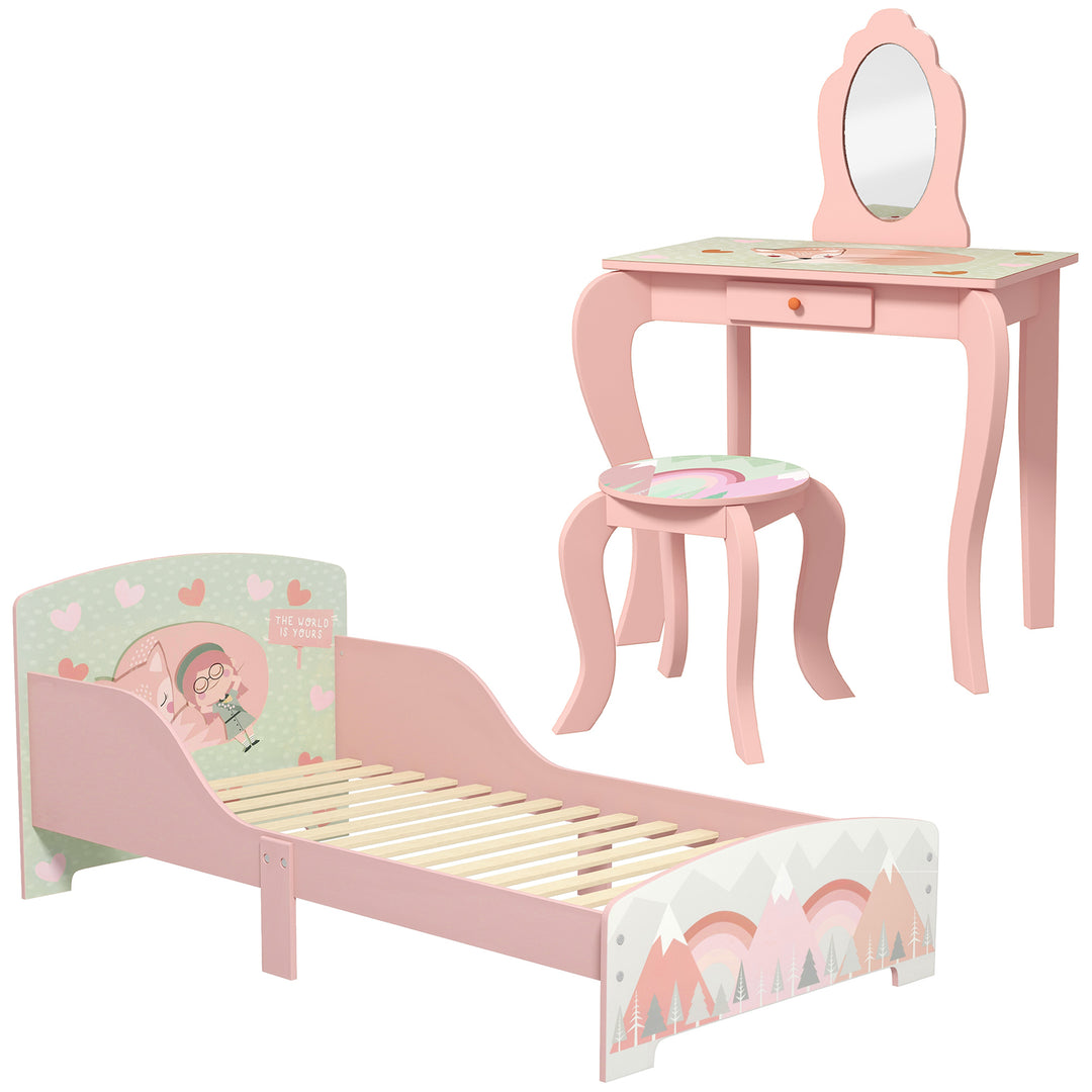 Kids Dressing Table with Mirror and Stool, Bedroom Furniture Set for Ages 3-6 Years - Pink