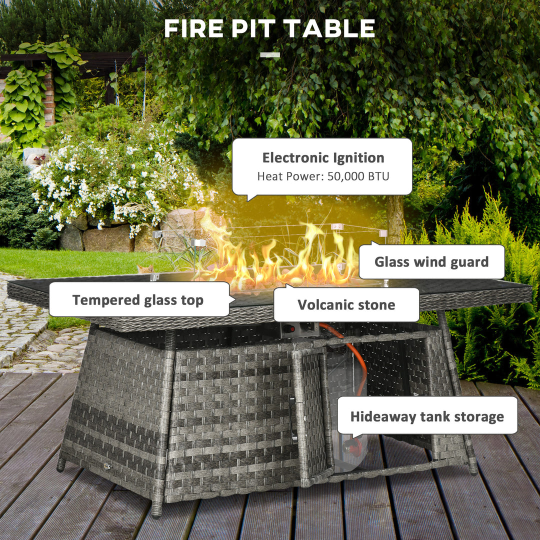 9-Seater PE Rattan Garden Furniture Set, 50,000 BTU Gas Fire Pit Table, Double Corner Sofa, 3 Footstools, Grey