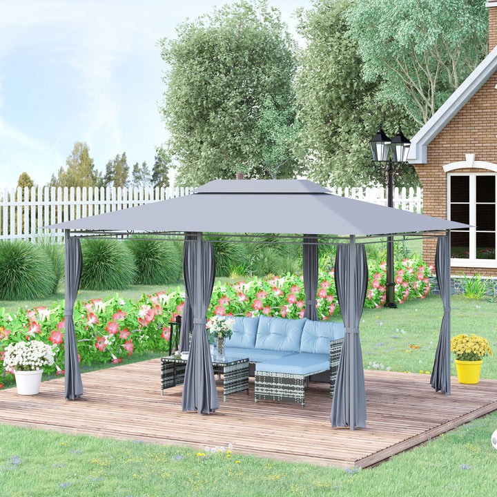 Outsunny 10 x 13ft Outdoor 2-Tier Steel Frame Gazebo with Curtains Outdoor Backyard, Black/Grey