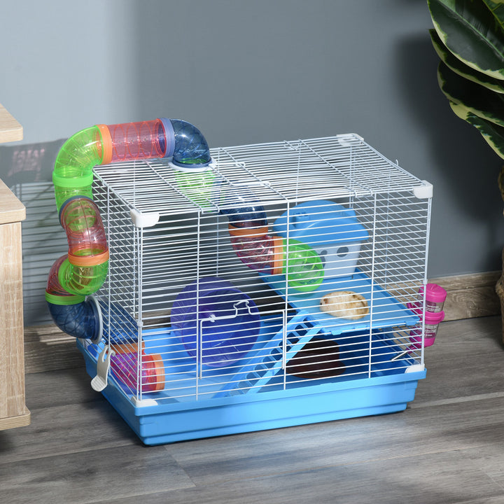 Pawhut 2 Tier Hamster Cage Carrier Habitat Small Animal House with Exercise Wheels Tunnel Tube Water Bottle Dishes House Ladder for Dwarf Mice, Blue