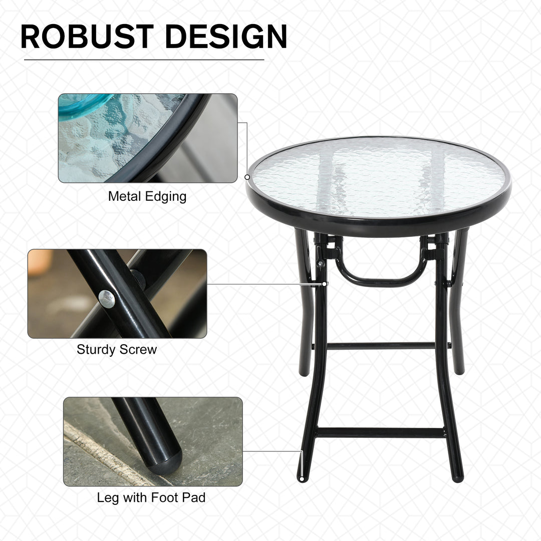 Foldable Garden Table, Round Folding Table with Glass Tabletop and Safety Buckle for Patio, Garden, Outdoor, Indoor, Black