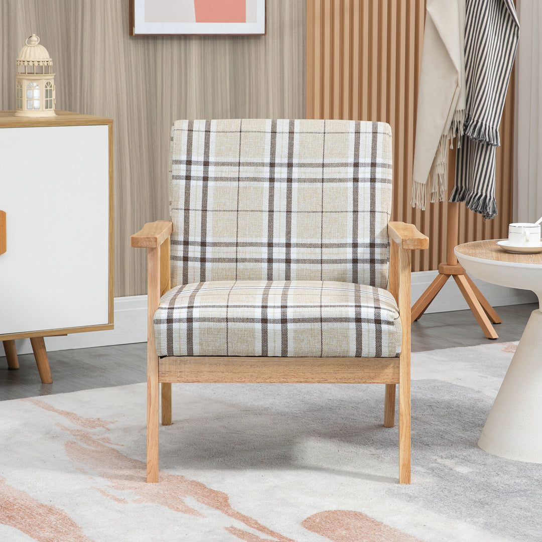 Modern Accent Chairs with Cushioned Seat, Upholstered Linen-Feel Armchair for Bedroom, Living Room Chair with Arms and Wood Legs, Beige