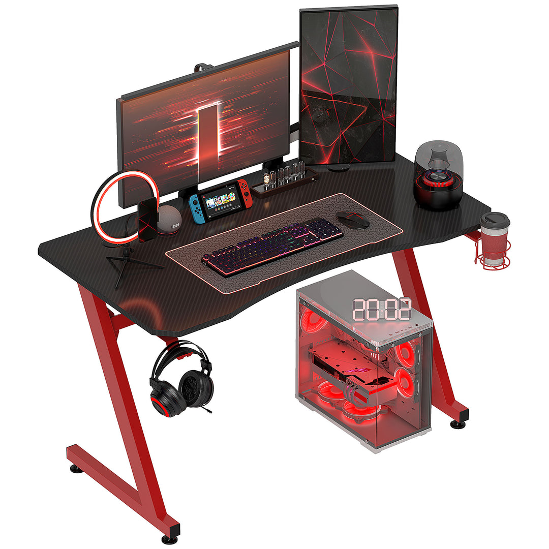 Gaming Desk Steel Frame w/ Cup Headphone Holder Adjustable Feet Cable Organiser Home Office Computer Table Red