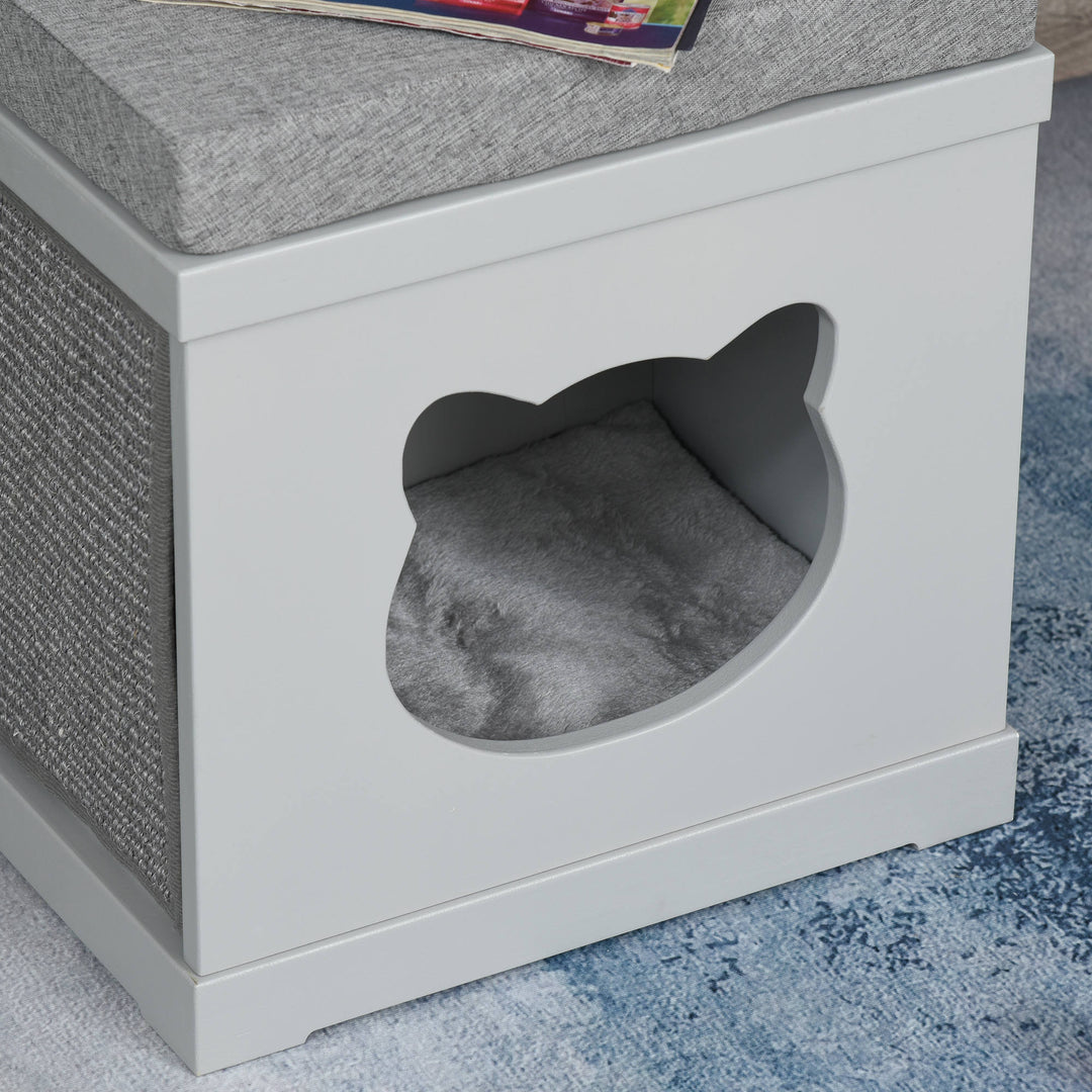 Cat House Bed Kitten Cave Cube Indoor for Small Pet with Removable Sisal Scratching Pads Soft Cushions, 41x30x36 cm, Grey