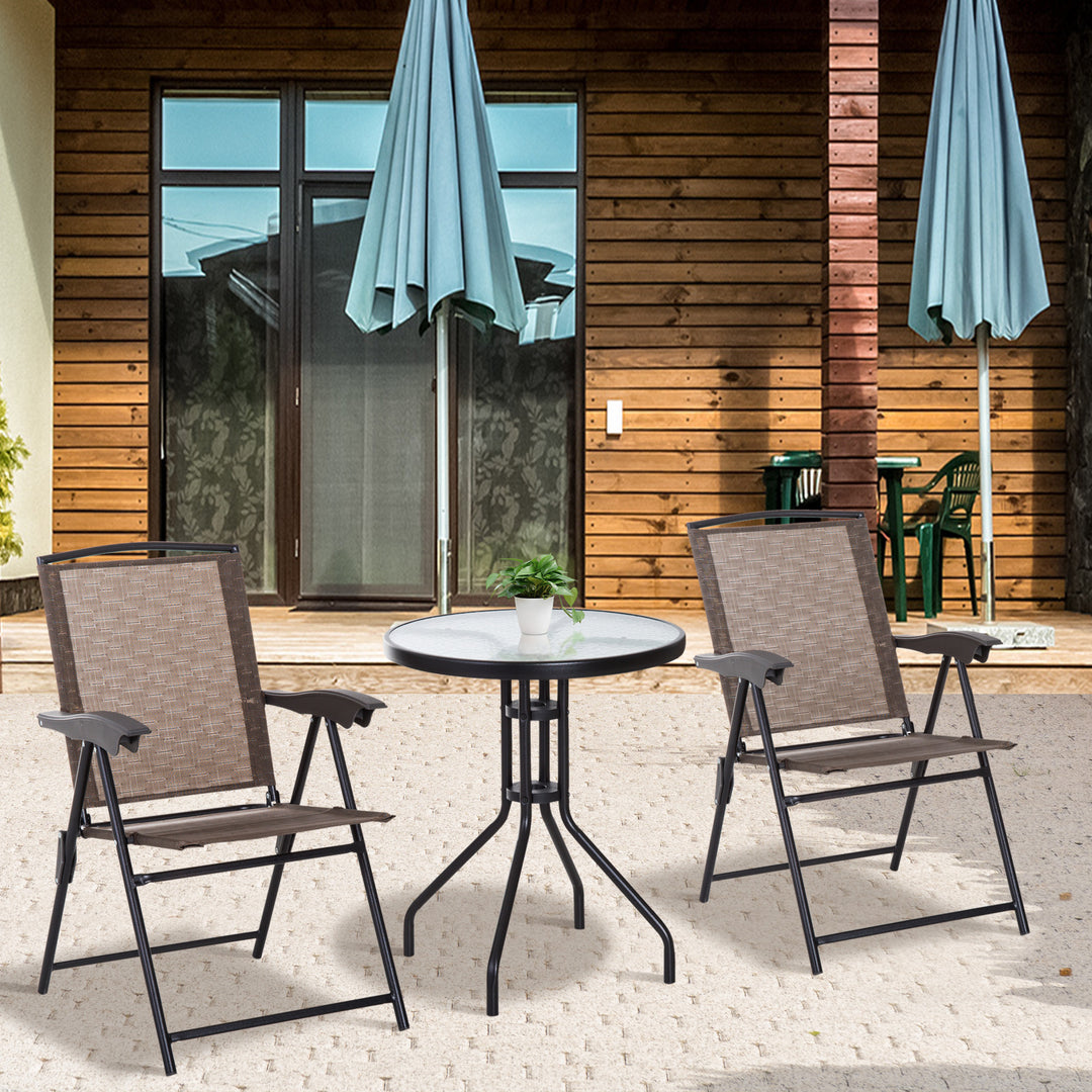Outsunny 3 Piece Patio Furniture Garden Bistro Set Outdoor 2 Folding Chairs 1 Tempered Glass Table  Adjustable Backrest Metal - Brown