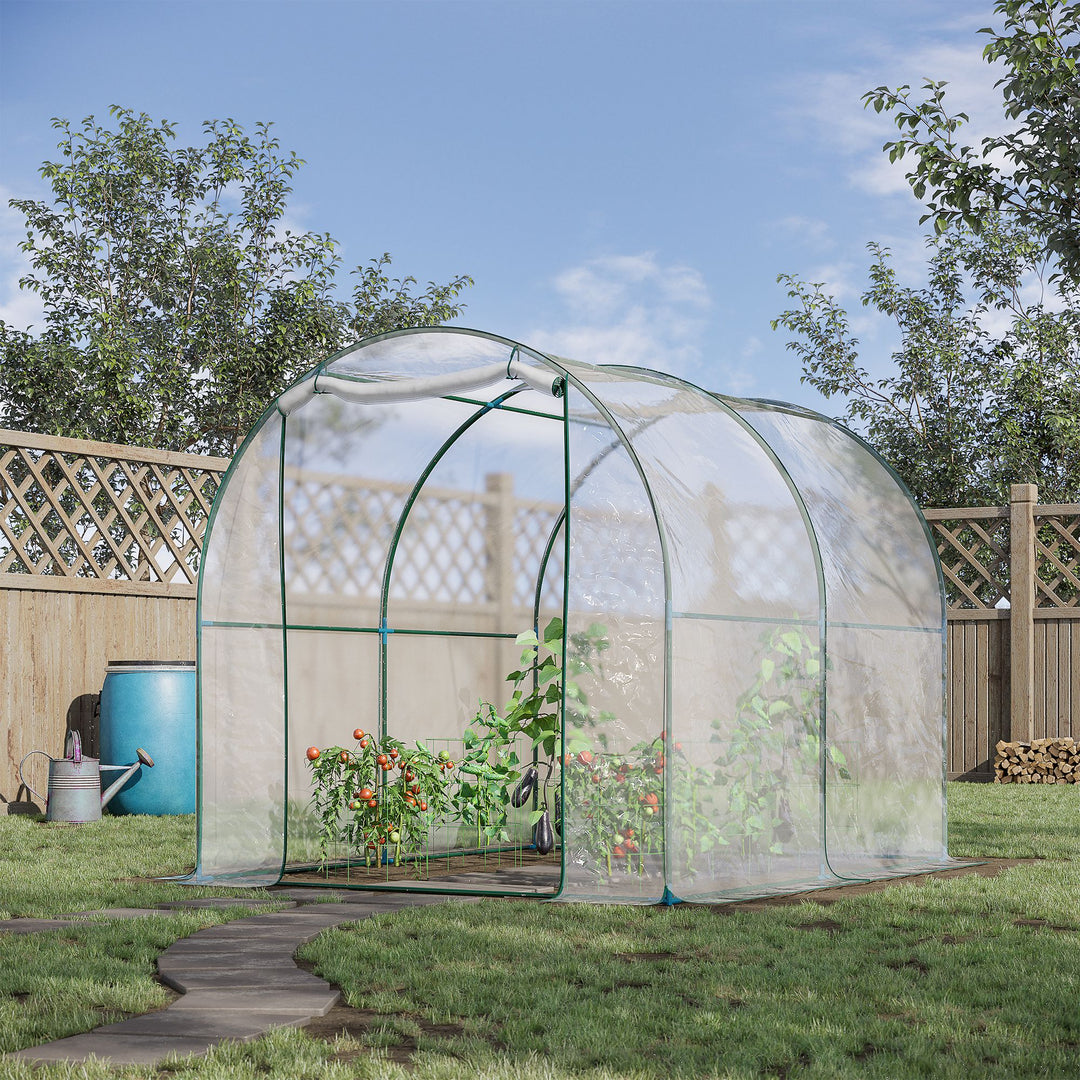 Outsunny Walk-in Polytunnel Greenhouse with Roll-up Door Transparent Tunnel Greenhouse with Steel Frame and PVC Cover, 2.5 x 2m