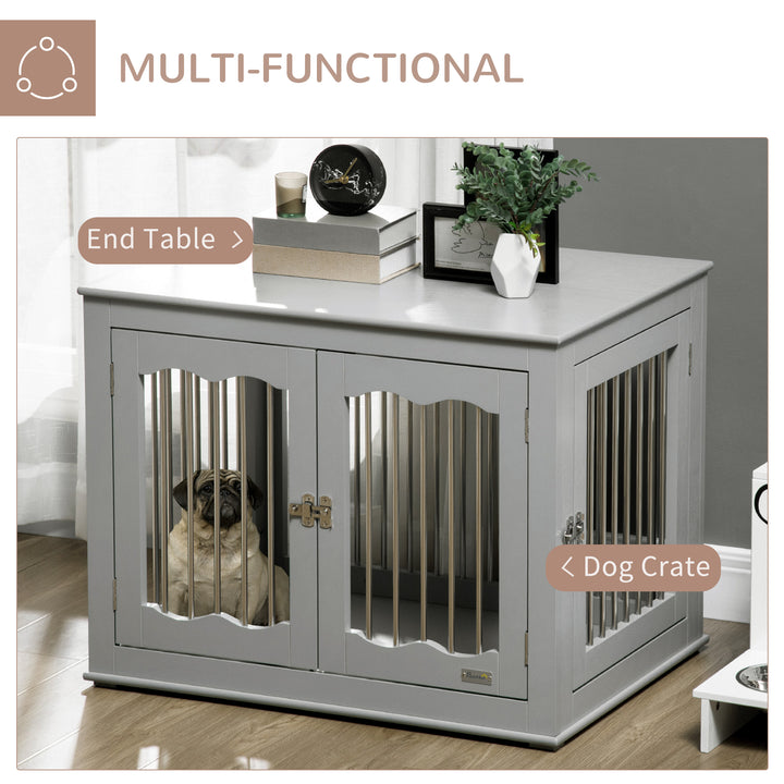 PawHut Dog Crate End Table with Three Doors, Furniture Style Dog Crate for Medium Dogs with Locks & Latches, Grey