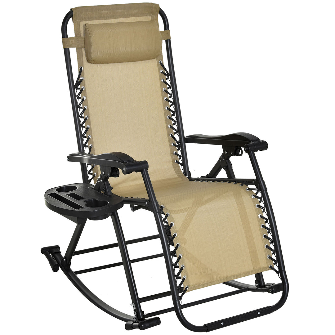 Outdoor Rocking Chair Folding Recliner Adjustable Sun Lounger with Headrest Side Holder Patio Deck - Beige