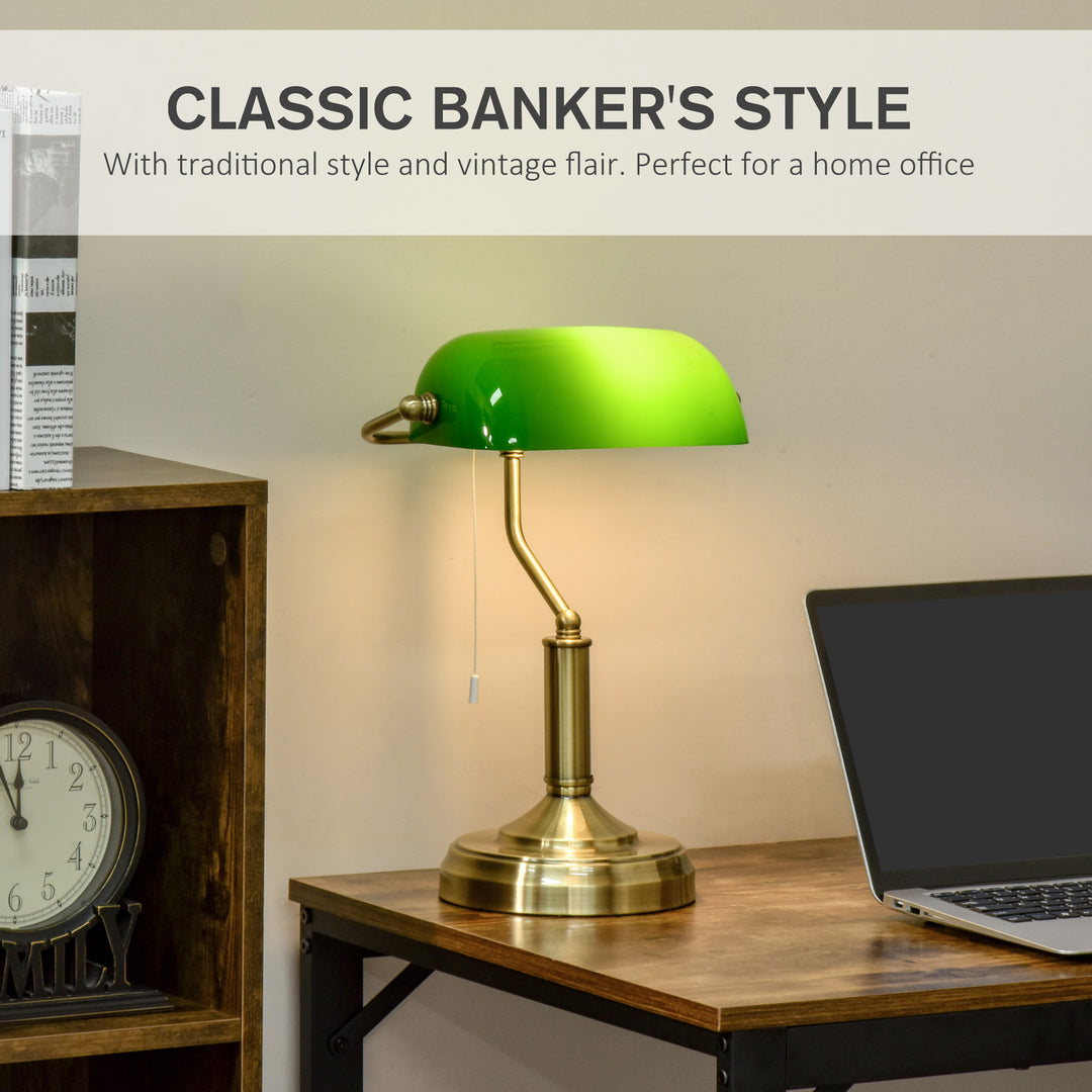 HOMCOM Banker's Table Lamp Desk Lamp with Antique Bronze Base, Green Glass Shade and Pull Rope Switch for Home Office,  Living Room,Dining Room