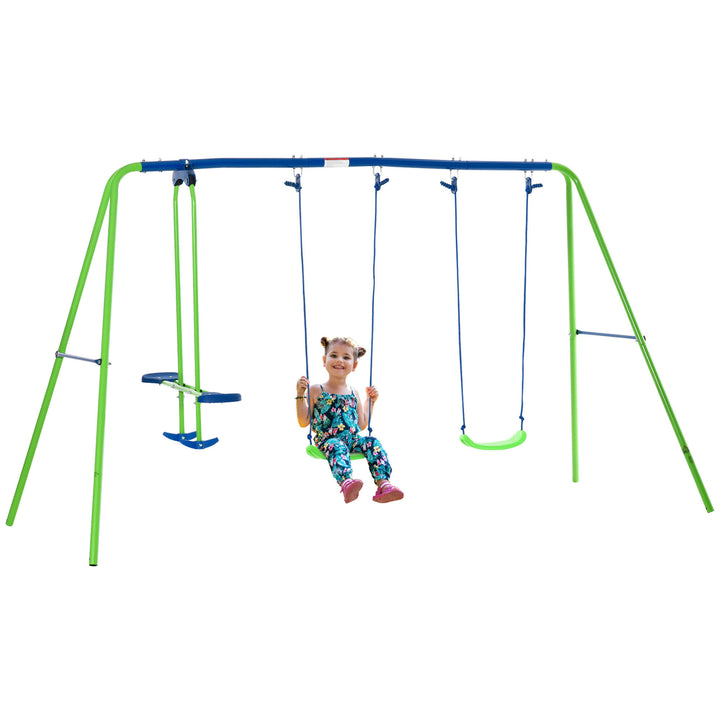 Metal Swings & Seesaw Set Double Seats with a Height Adjustable Children Outdoor Backyard Play Set for Toddlers Over 3 Years Old, Green