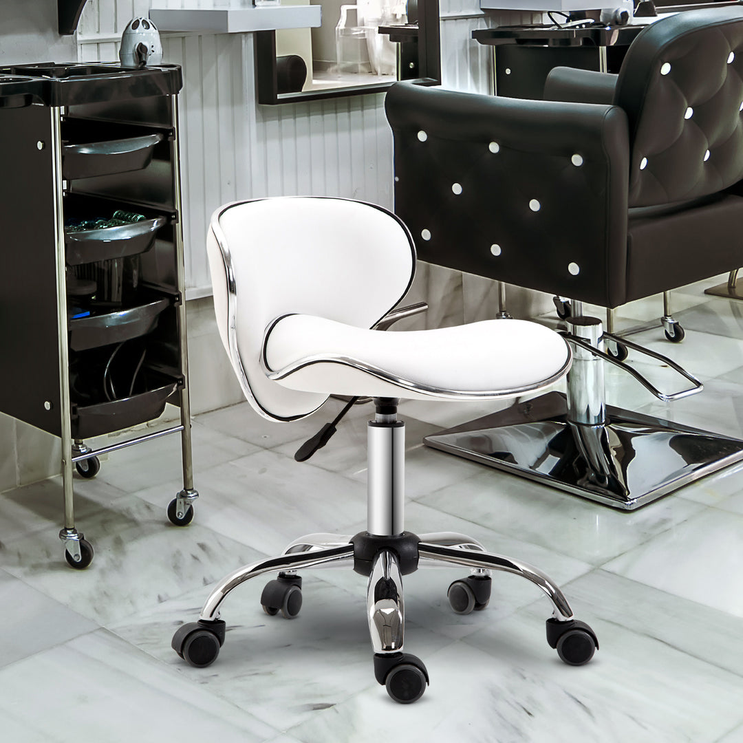 PU Leather Rolling Swivel Salon Chair Salon Stool with Backrest White