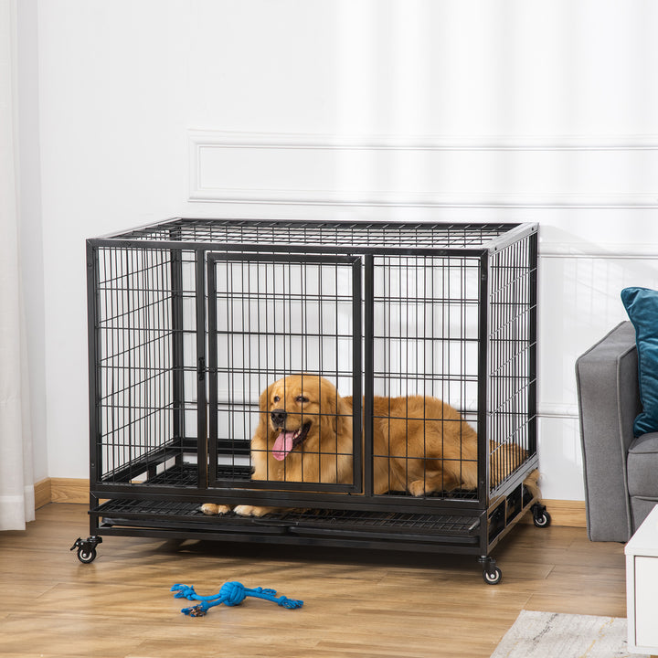 43" Heavy Duty Metal Dog Kennel Pet Cage with Crate Tray and Wheels - Black (Large)