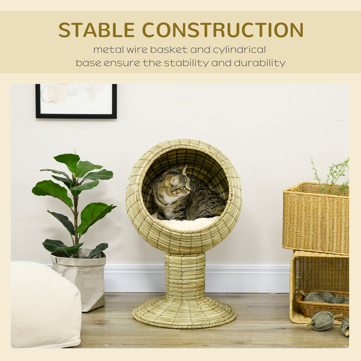 Raised Cat House, Natural Mat Grass Cat Bed, Kitten Cave with Stand Cushion, Detachable Top, Round, Yellow, Φ41x 71,5 cm