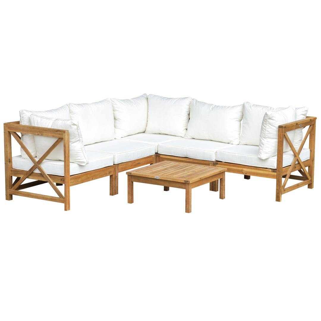 6pcs Patio Furniture Set Garden Sofa Set 1 Coffee Table Suitable with Cushions for Outdoor Indoor Balcony Poolside Acacia Wood Cream White