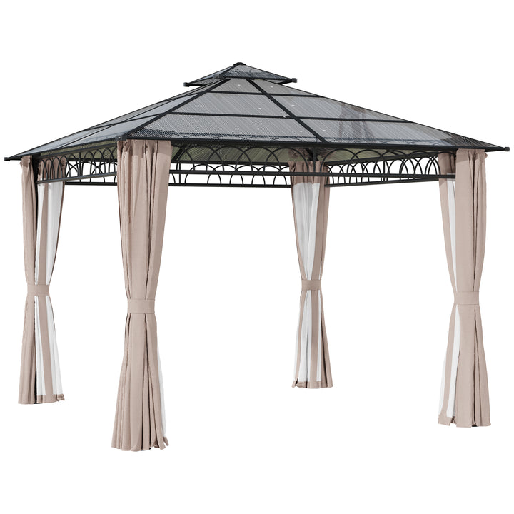 3 x 3 (m) Outdoor Polycarbonate Gazebo, Double Roof Hard Top Gazebo with Galvanized Steel Frame, Nettings & Curtains