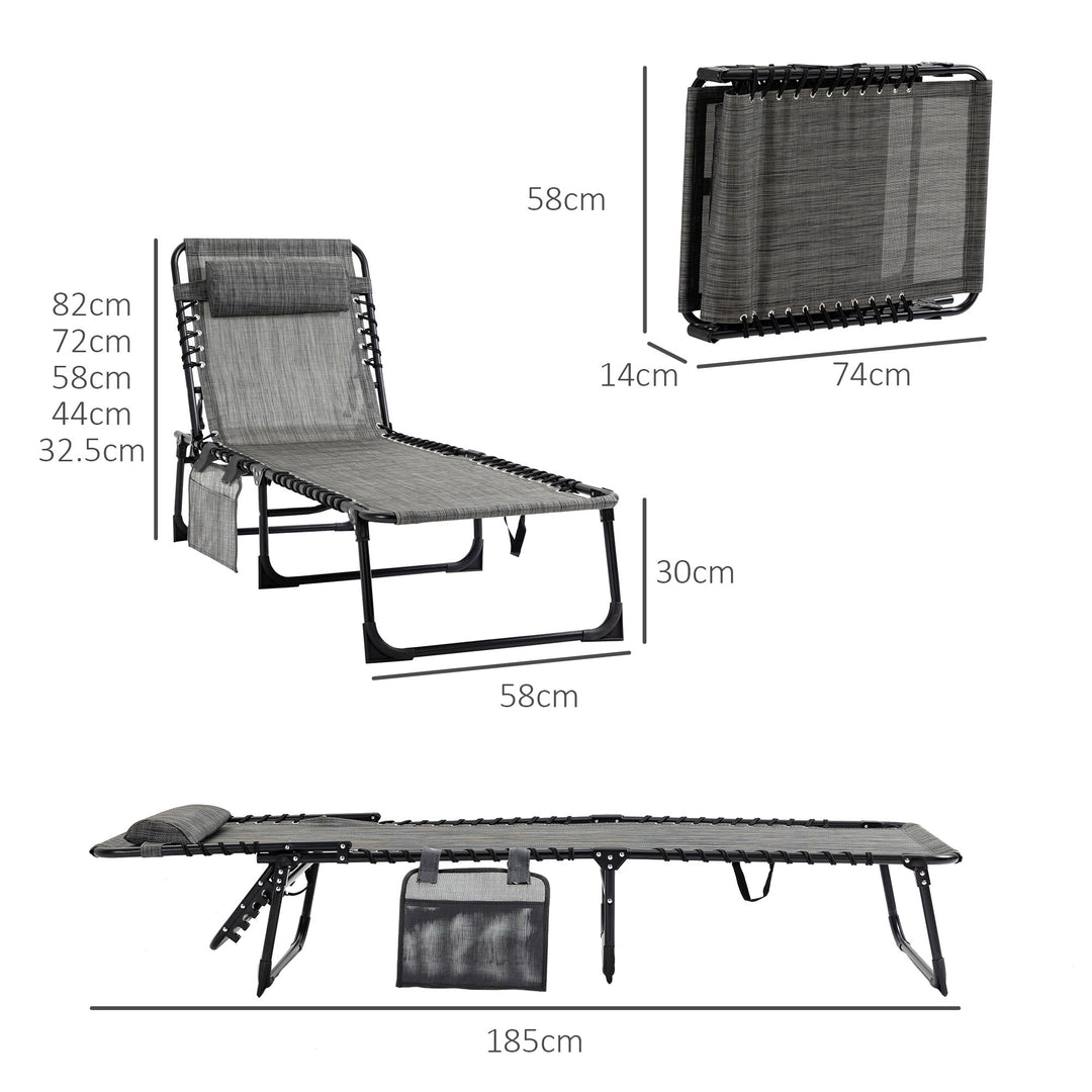 Outsunny Portable Sun Lounger, Folding Camping Bed Cot, Reclining Lounge Chair 5-position Adjustable Backrest with Pillow, Mixed Grey